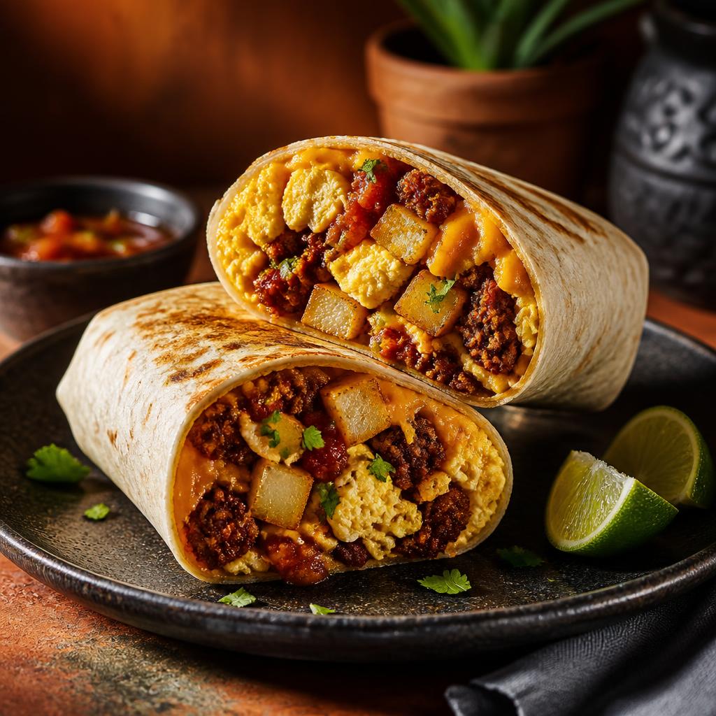 Hearty breakfast burrito with eggs and chorizo