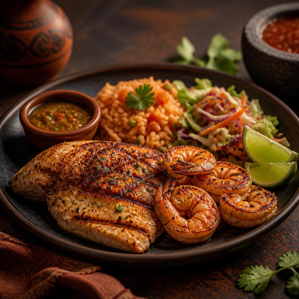 Mexican seafood plate with grilled fish and shrimp